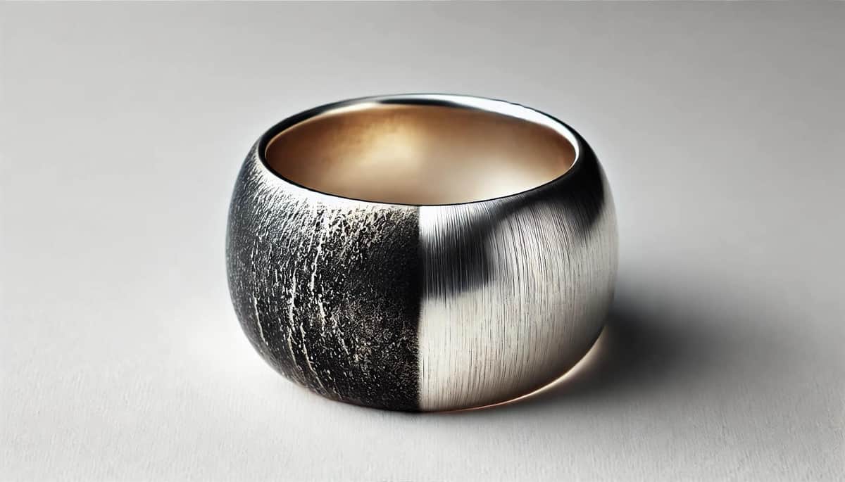 A wide silver ring shown split down the middle, one half dark and dull with tarnish, the other half bright and polished
