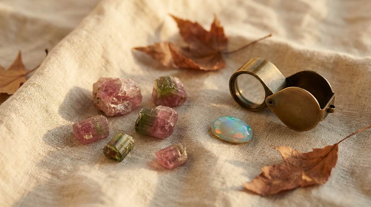 Loose tourmaline gemstones in pink and green beside a luminous opal cabochon on linen with autumn leaves