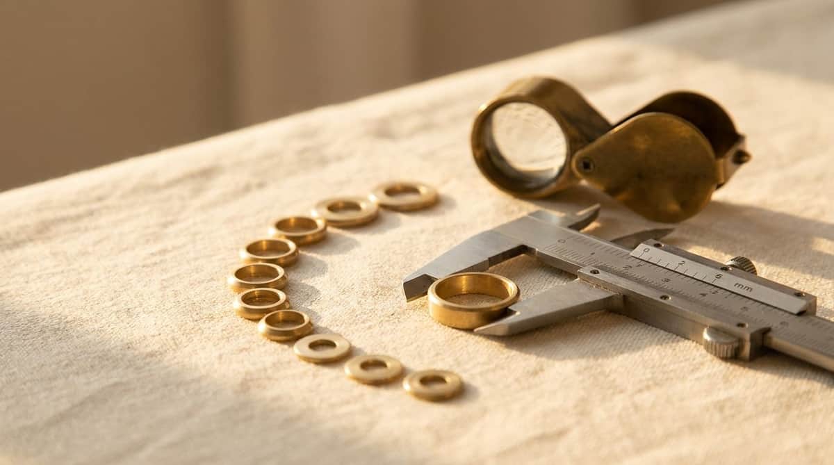 Small polished metal rings of graduating sizes beside a jeweler’s loupe and a caliper measuring diameter, evoking huggie earring sizing