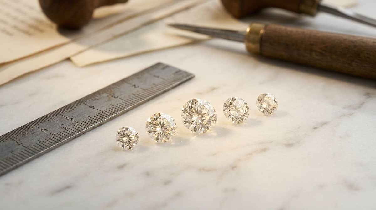 Five loose round brilliant diamonds in graduated sizes next to a ruler, showing how carat weight scales with visible size