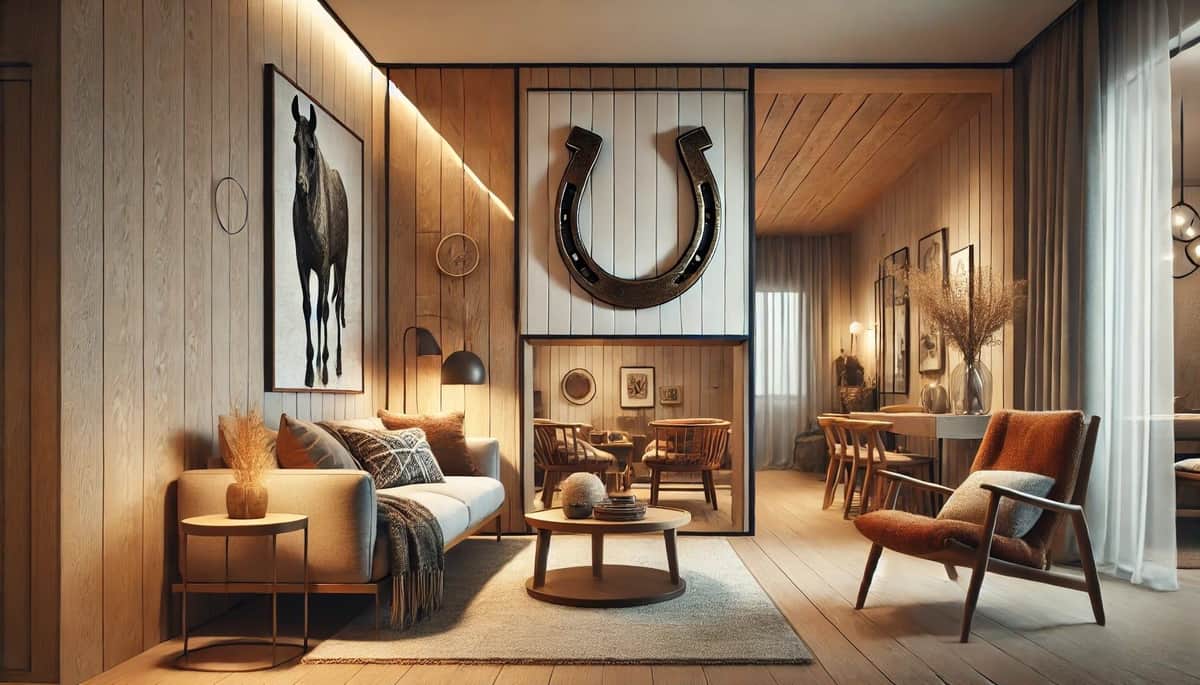 A weathered iron horseshoe hung above a wooden doorway as a good-luck charm