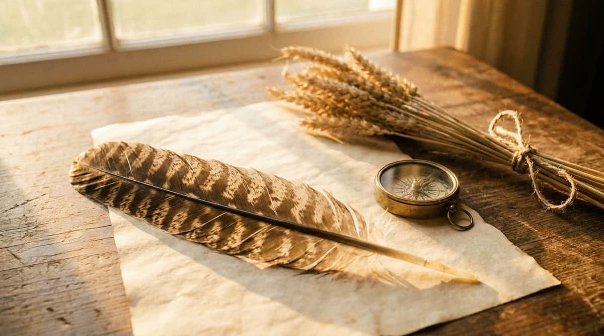 A single mottled brown feather resting on aged parchment beside an antique brass compass and dried wheat stalks, symbolizing feather meaning and symbolism