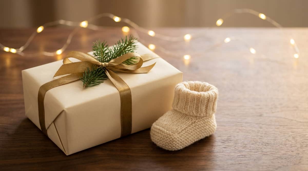 A wrapped cream gift box with a gold ribbon and pine sprig beside a knitted baby bootie, warm string lights blurred in the background on a walnut table