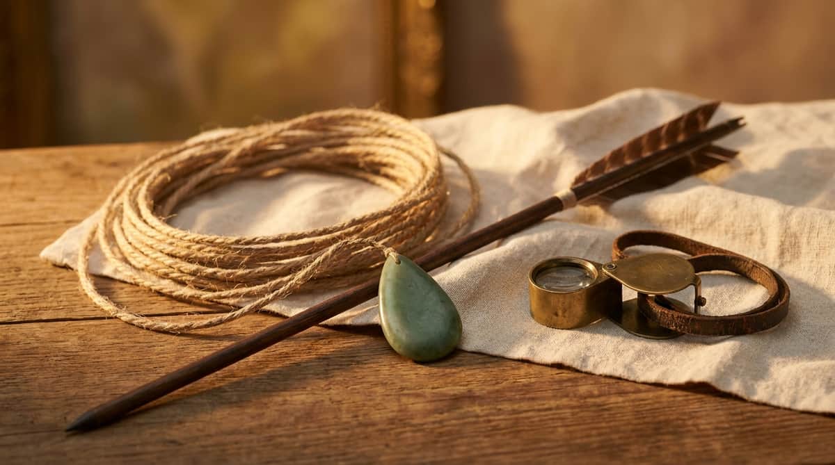 A raw teardrop of jade, a coiled bowstring, a feather-fletched arrow, a brass jeweler's loupe and a leather archer's bracer on weathered wood