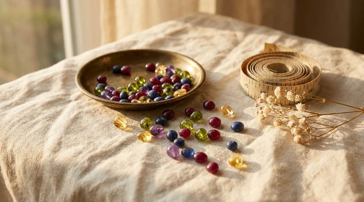 Loose polished birthstone-colored gemstone beads spilling from a small brass dish onto linen beside a coiled cloth measuring tape and dried baby's breath, editorial still-life cover photograph