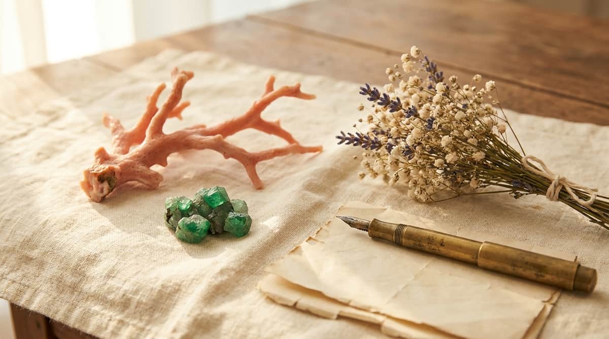 A branch of natural pink-orange coral and a cluster of raw rough emerald crystals arranged on cream linen beside dried flowers and a vintage fountain pen