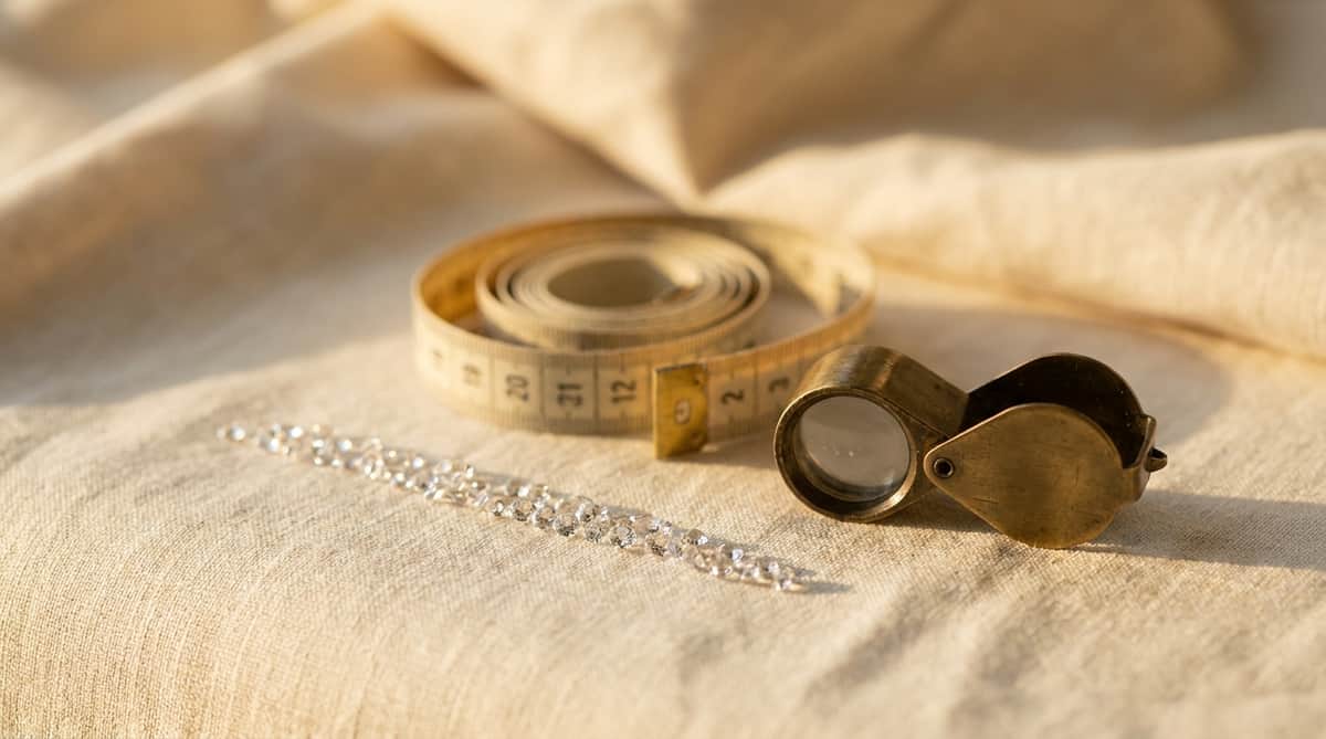 A loose line of small faceted crystal stones beside a coiled brass tape measure and an antique brass jeweler's loupe on warm linen