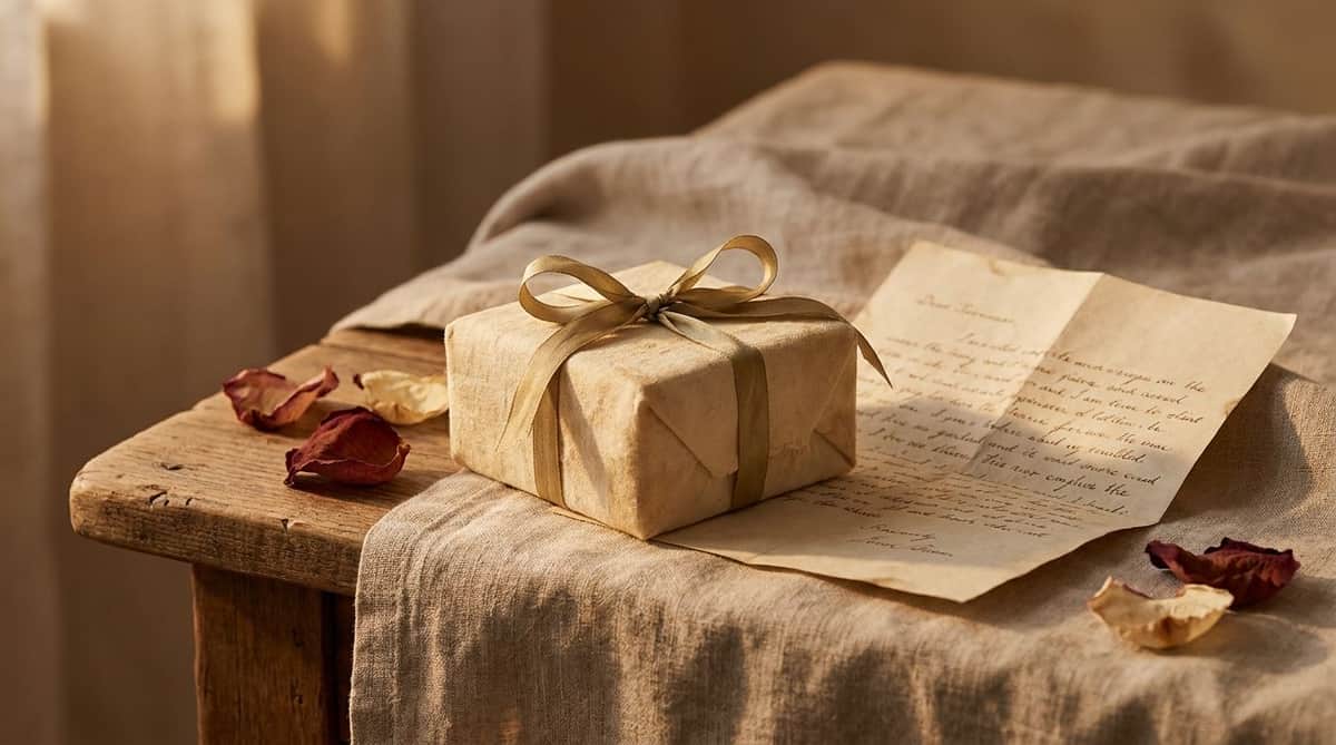 A ribbon-wrapped gift box and a handwritten love letter on linen, scattered dried rose petals, warm golden light
