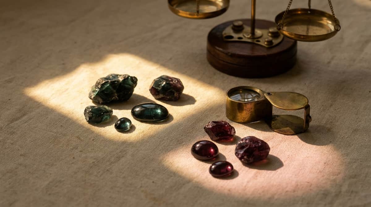 Raw and cut alexandrite gemstones showing their color-change property, green-teal in one patch of light and reddish-purple in another, beside a brass jeweler's loupe and an antique balance scale