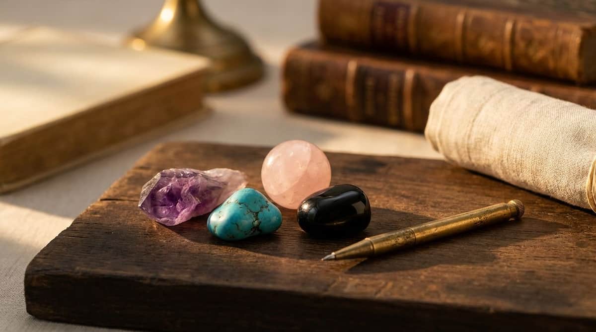 A raw amethyst point, a polished turquoise nugget, a rose quartz sphere, and a black onyx stone on a dark wood board, illustrating a range of gemstone hardness