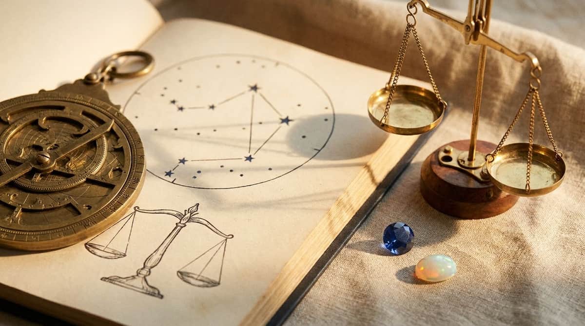 An antique brass astrolabe beside a hand-drawn star chart open to the Libra constellation, with a small pair of brass balance scales, a loose faceted sapphire gemstone, and a loose opal gemstone on natural linen, symbolizing the scales zodiac sign and its calendar birthstones