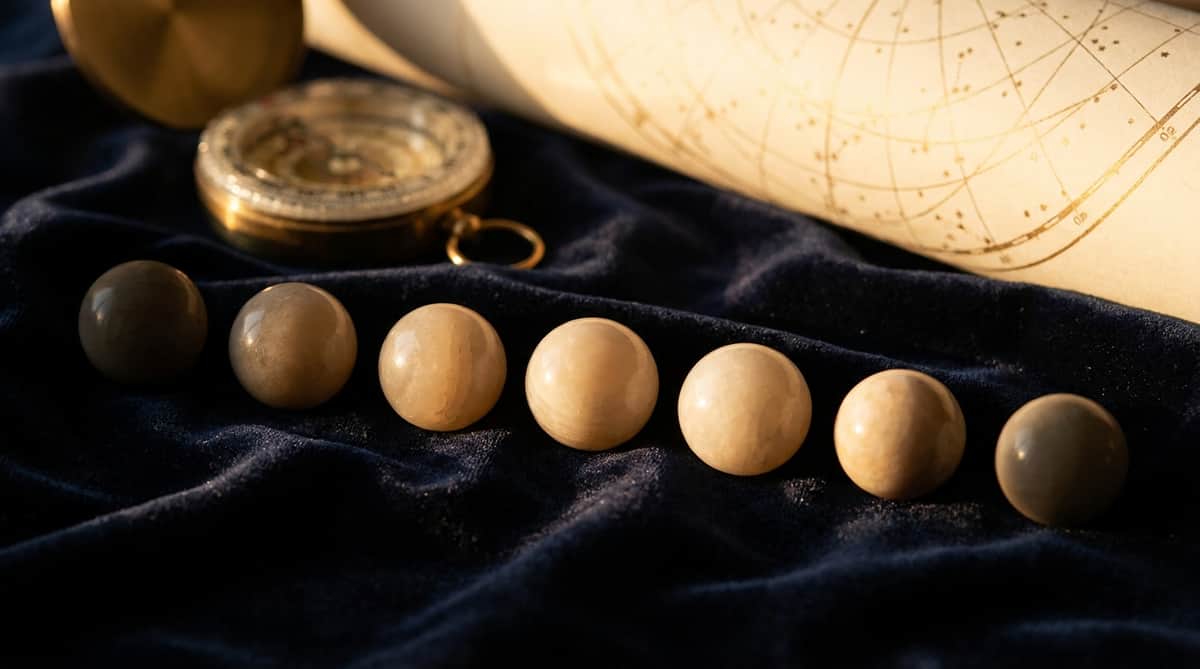 A row of small polished stone spheres arranged to show the lunar cycle from shadow to full light, beside a brass compass and star chart on dark navy velvet