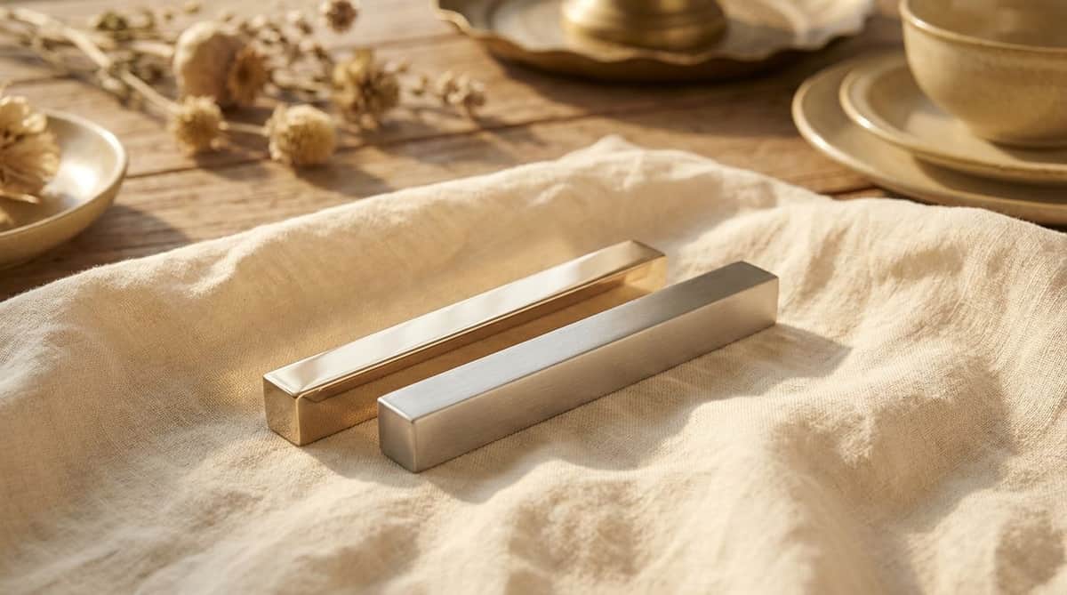 polished gold-tone and silver-tone metal bars on warm linen, editorial still life