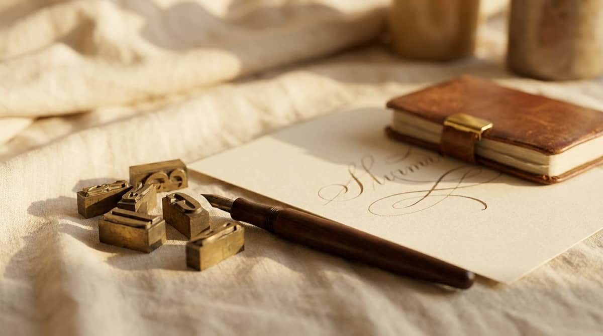 An editorial still-life of brass letterpress type blocks, an antique fountain pen and a flowing calligraphy flourish on linen, evoking name necklace fonts