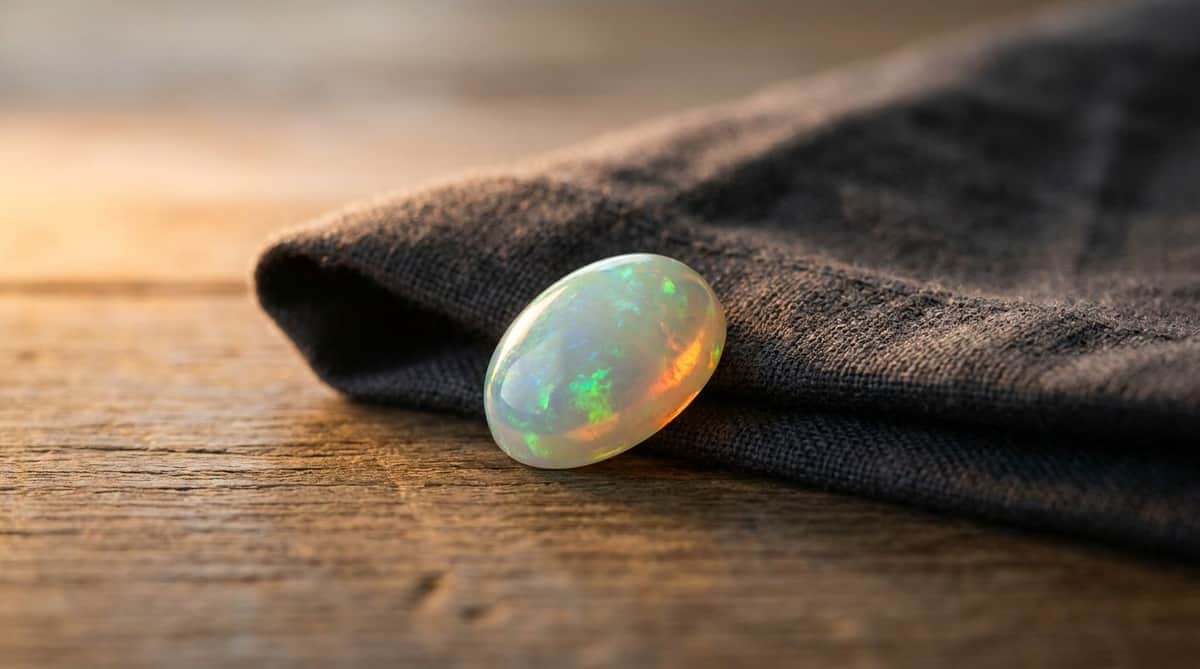 A single polished opal cabochon showing iridescent play-of-color, resting against dark linen fabric