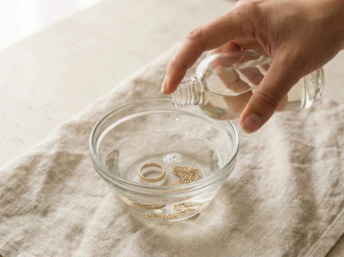A gold ring and chain soaking in a bowl of warm water with dish soap