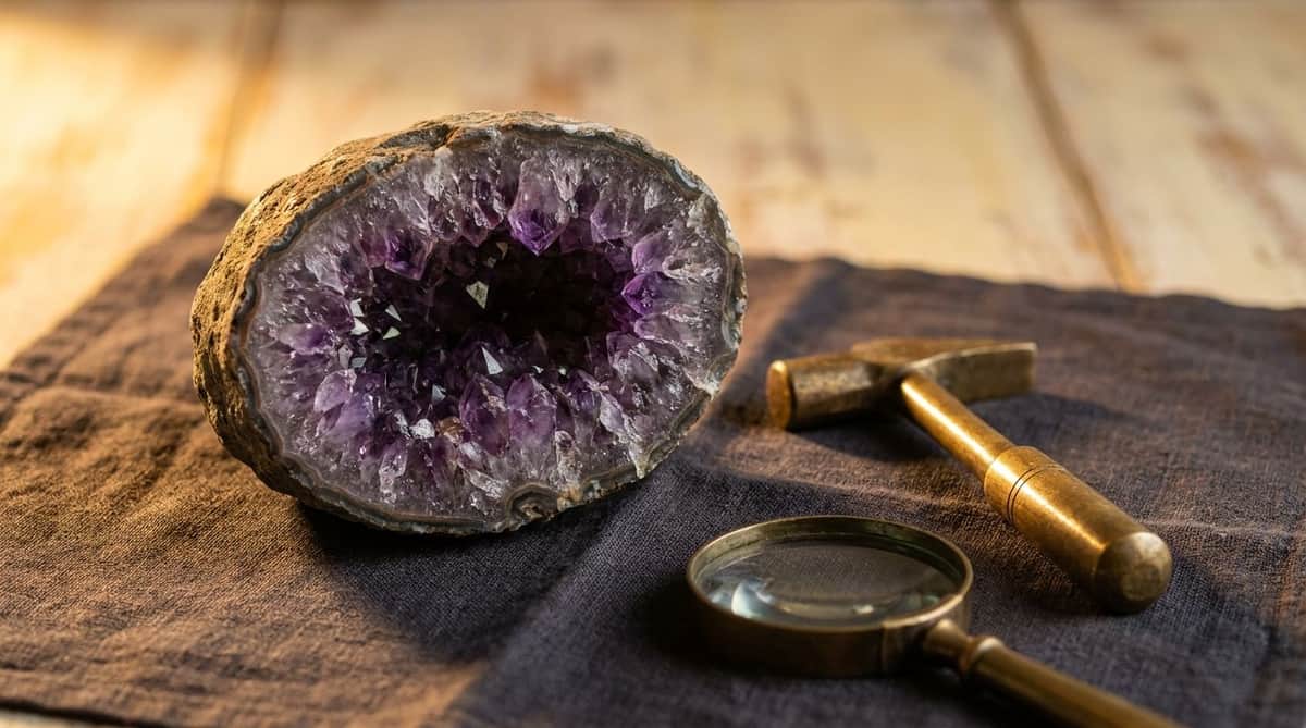 Cross-section of a natural amethyst geode showing deep purple crystal facets lining a hollow rock cavity, beside a brass geologist hammer and hand lens