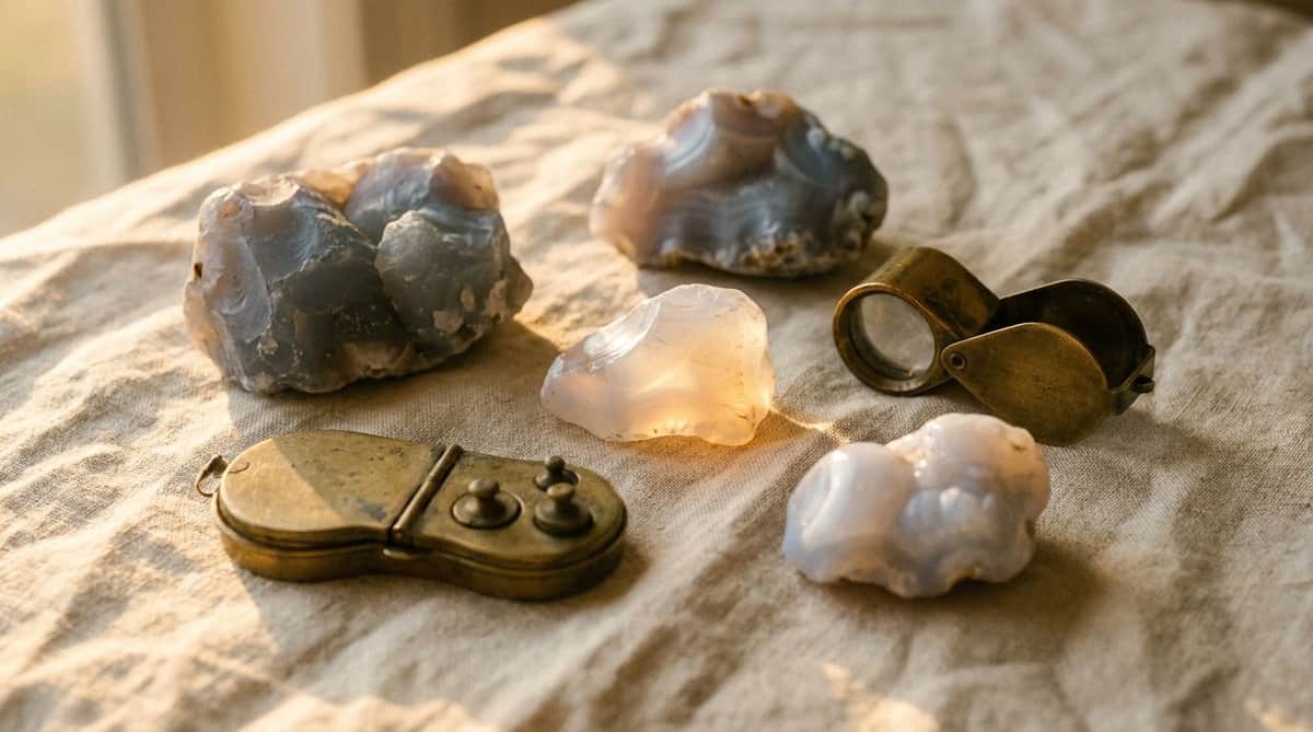 Raw and polished blue-grey chalcedony mineral specimens on aged linen beside a brass jeweler's loupe and an antique pocket scale, warm golden-hour light