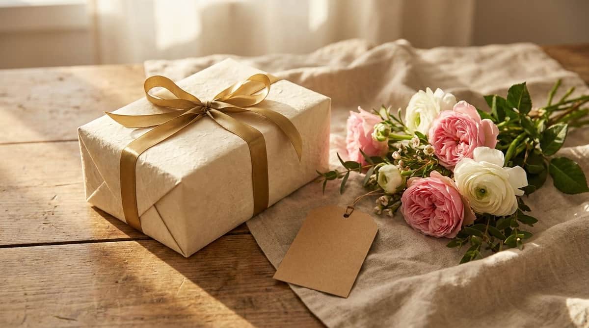 An elegant wrapped gift box tied with gold ribbon beside a blank kraft gift tag and a loose bundle of pink and white flowers on linen