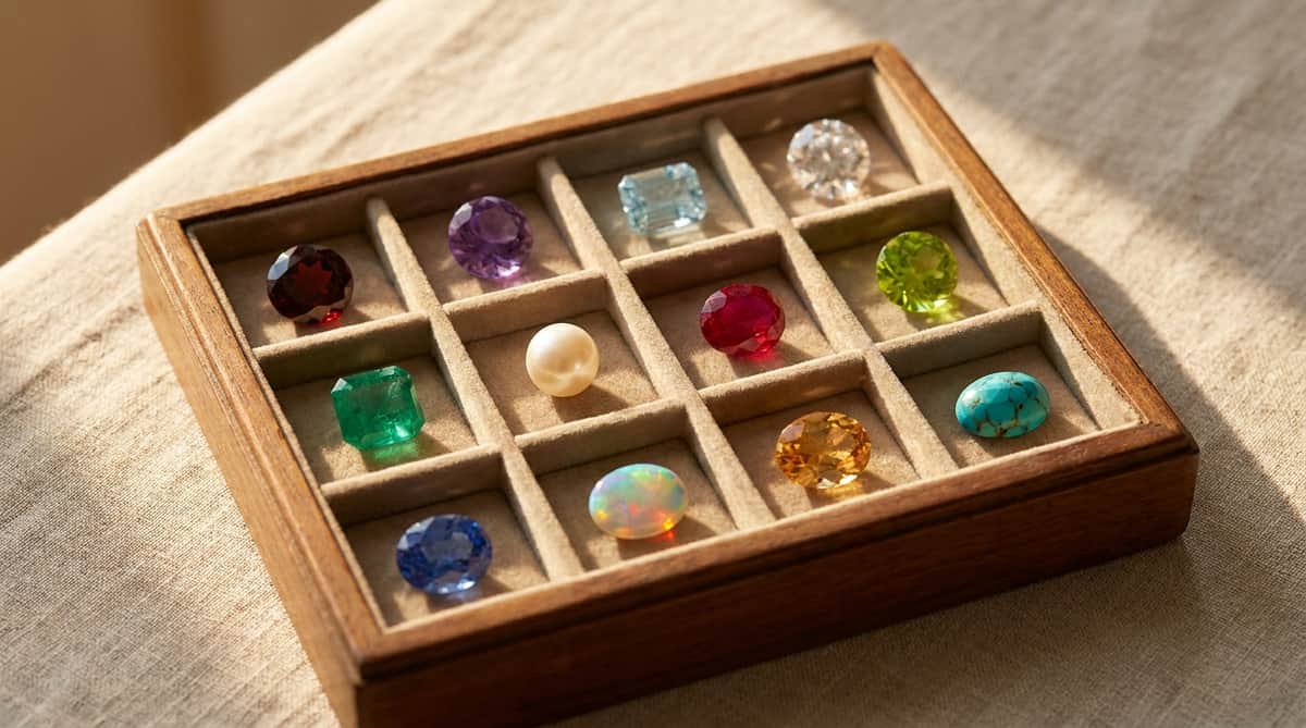 Twelve loose birthstone gems, one per calendar month, set in a divided wooden tray on linen — garnet, amethyst, aquamarine, diamond, emerald, pearl, ruby, peridot, sapphire, opal, citrine and turquoise
