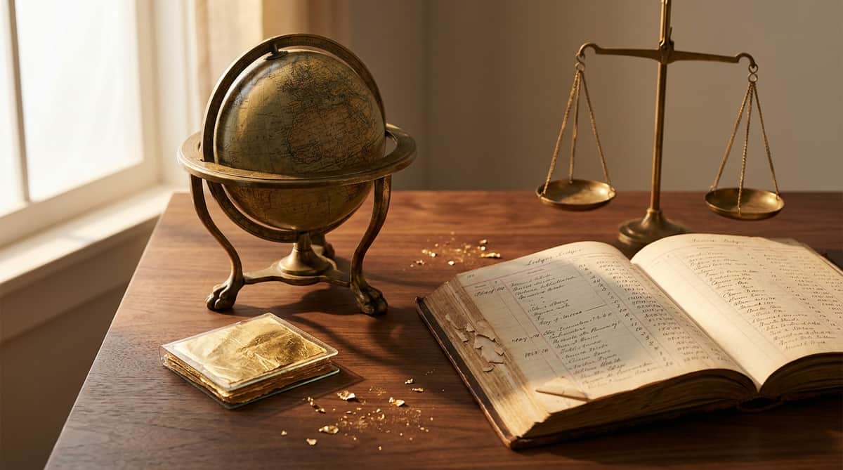 Editorial still life of a small antique brass globe, a stack of gold leaf sheets, and an open ledger book beside a brass balance scale on dark wood