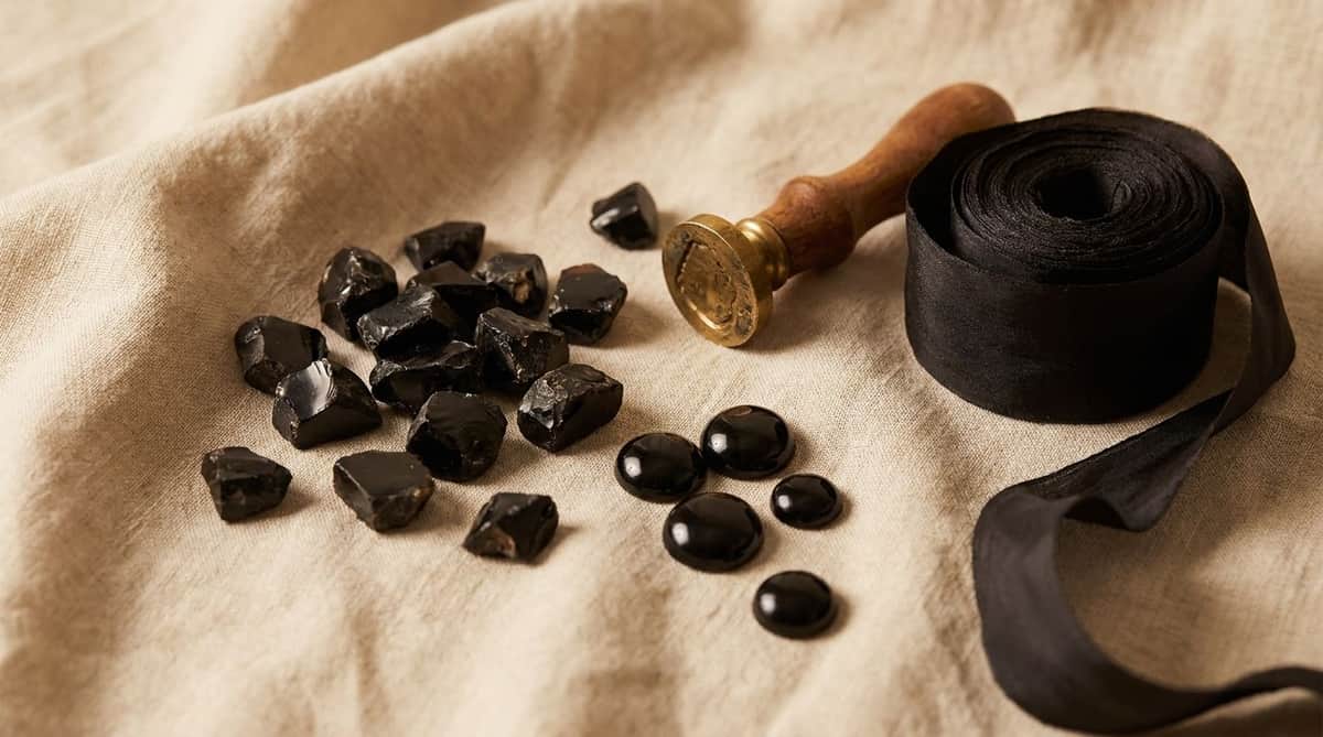 Raw black onyx stones and cabochons, an antique brass wax-seal stamp, and a coil of black silk ribbon on linen