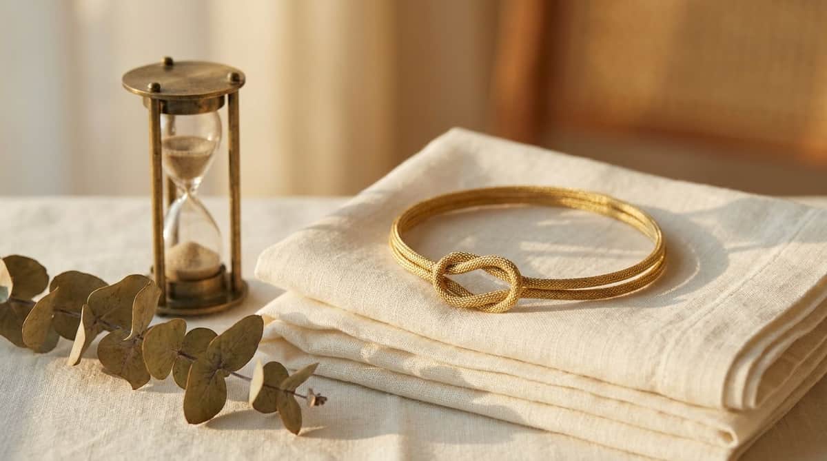 A single gold cord tied into an unbroken circle resting on folded ivory linen beside an antique brass hourglass and a sprig of dried eucalyptus, warm golden-hour light