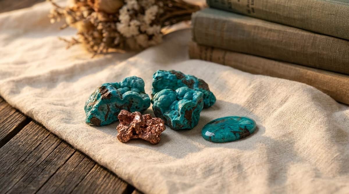 Raw chrysocolla mineral specimens with blue-green botryoidal texture beside a small copper ore nugget and a polished chrysocolla cabochon, on linen