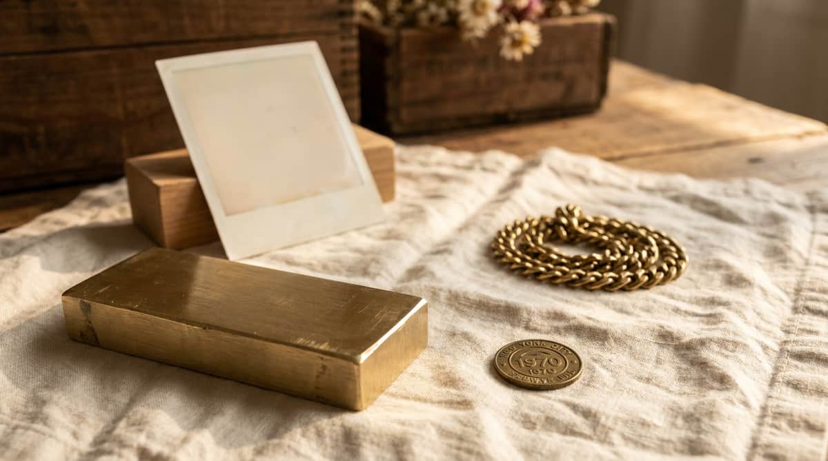 A raw brass bar, a blank instant photograph, a vintage subway token, and a coiled curb-link chain arranged on warm linen
