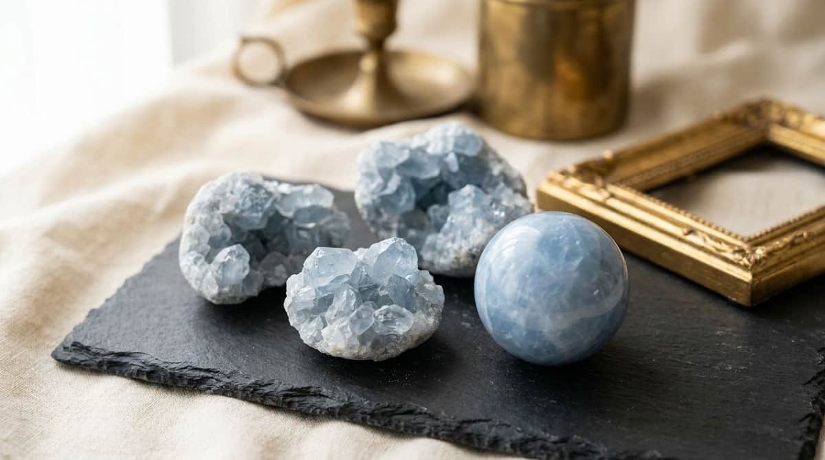 Raw pale blue calcite crystal clusters and a polished blue calcite sphere on dark slate