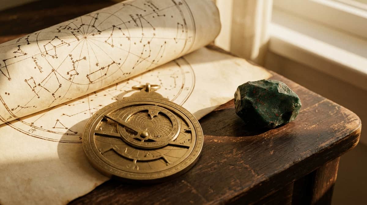 Antique brass astrolabe with a star chart and a raw piece of dark green bloodstone flecked with red, resting on aged parchment and dark wood in golden-hour light