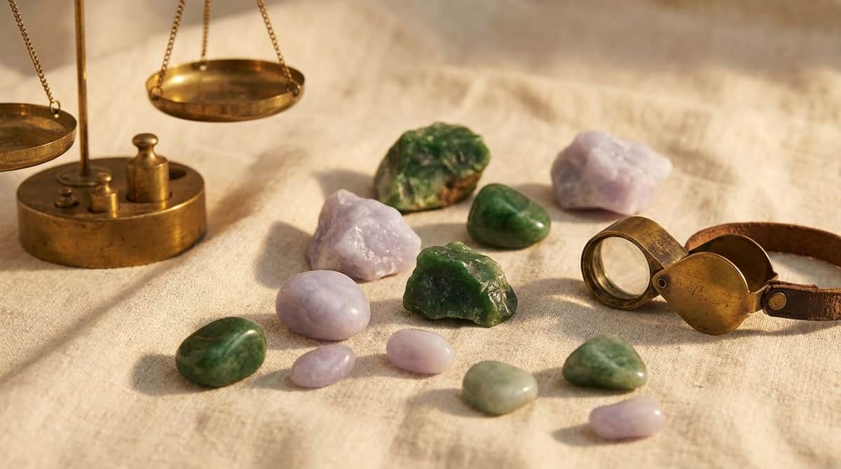 Raw and polished jadeite stones in imperial green and lavender tones on linen beside an antique brass scale and jeweler's loupe, editorial still-life cover photograph