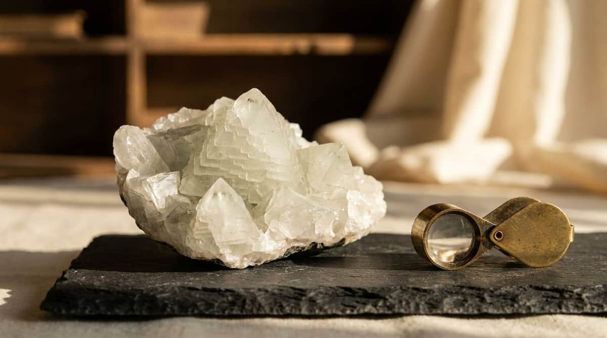 A raw apophyllite crystal cluster with pale translucent pyramidal terminations on a dark stone surface