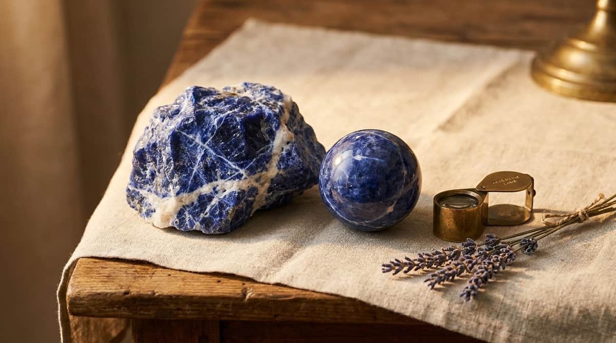 Raw royal-blue sodalite crystal cluster with white calcite veining beside a polished sodalite sphere, brass geologist's loupe and dried lavender sprigs on dark wood and linen