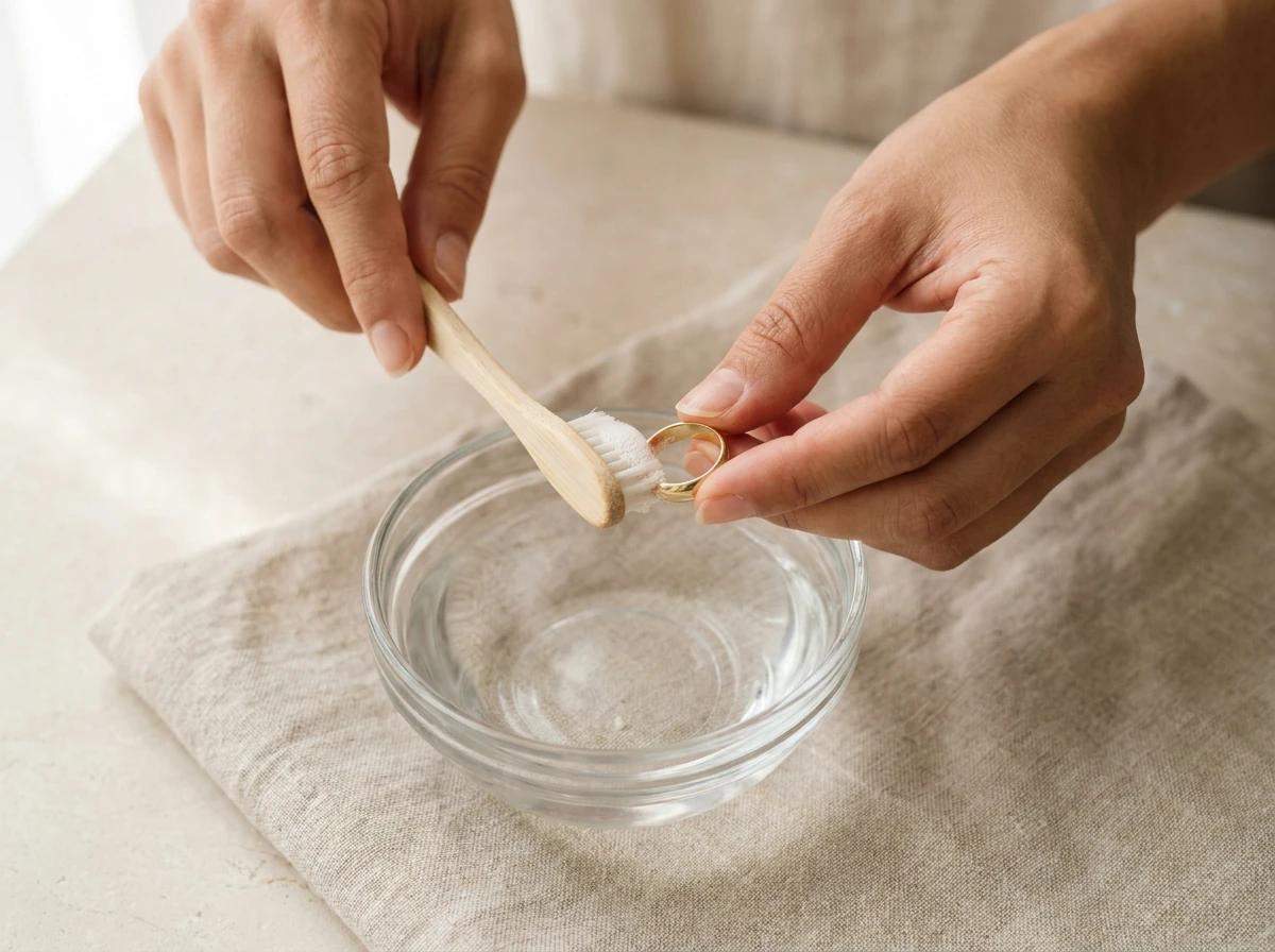 A soft-bristle toothbrush scrubbing a gold ring