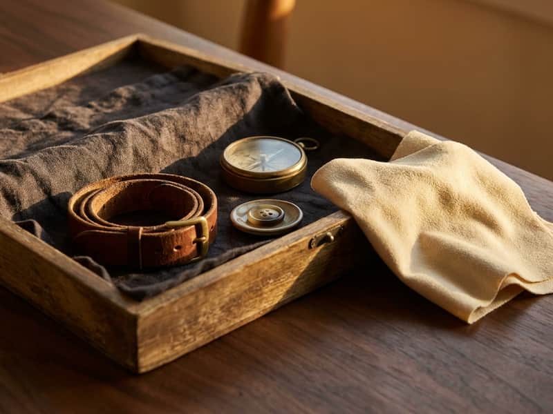 An open wooden valet tray with a coiled leather strap, a brass pocket compass, a horn button and a polishing cloth, styled editorial still life