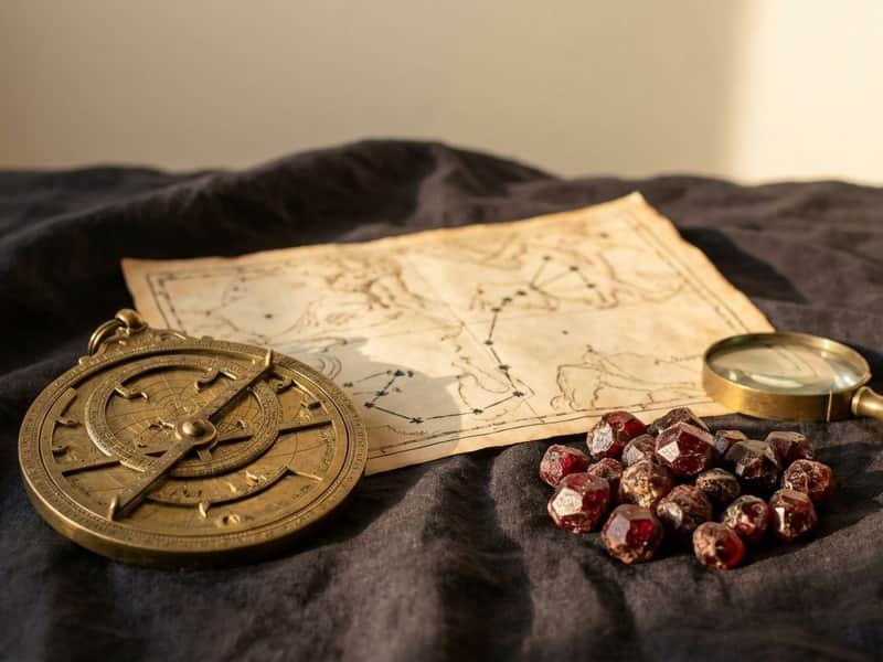 Antique brass astrolabe and a hand-drawn star chart of the Scorpio constellation on dark linen, beside raw red garnet crystals and a vintage magnifying glass, warm golden-hour light