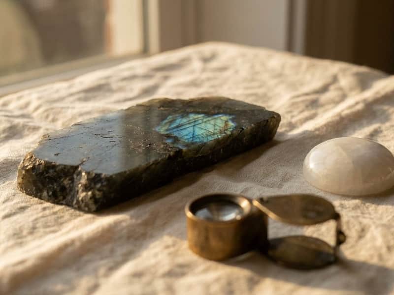 Raw labradorite slab showing a blue-green flash beside a pale polished moonstone cabochon and a brass loupe on linen