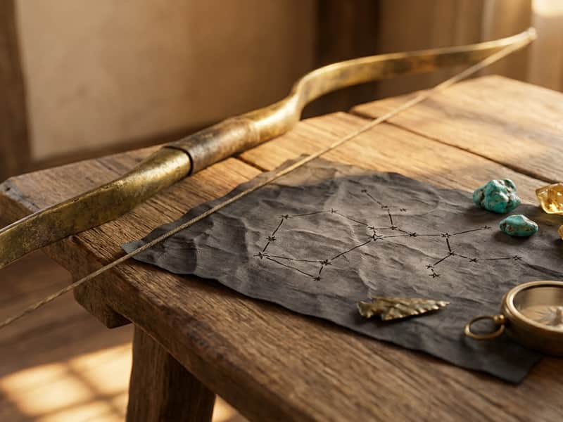 An antique brass longbow and arrowhead beside a hand-drawn Sagittarius constellation diagram on dark linen, with raw turquoise and topaz crystals and a brass compass