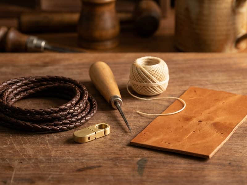 A coil of dark braided leather bracelet cord, a brass clasp, a leather awl, waxed thread, and a swatch of tan leather on a wooden workbench