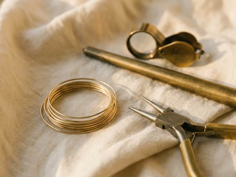 Coiled raw gold-tone wire beside a jeweler's round-nose pliers, brass mandrel, and loupe on cream linen, evoking ear cuff craftsmanship