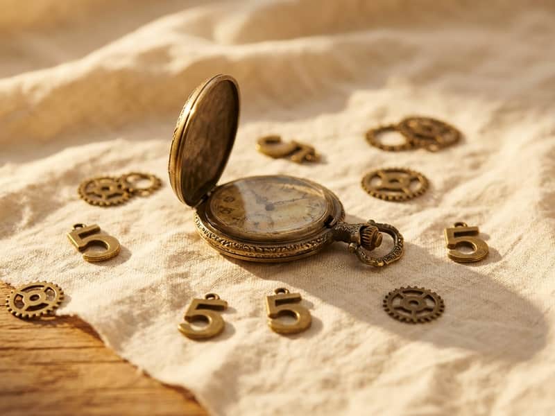 Antique brass pocket watch surrounded by scattered loose brass numeral-5 charms on warm linen