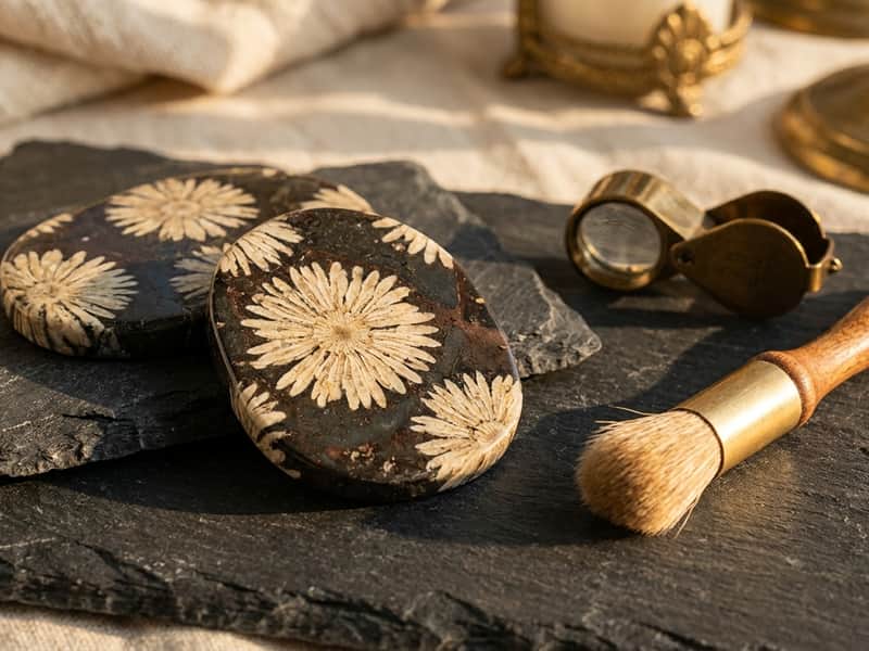 Polished dark chrysanthemum stone slabs showing pale radiating flower-shaped mineral clusters on dark slate beside a brass loupe and soft brush