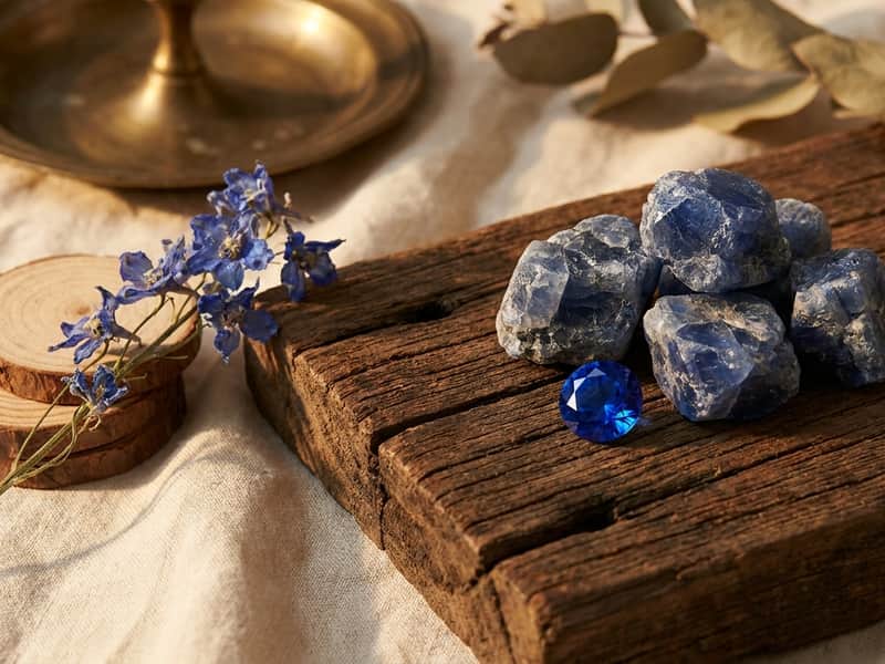 Raw rough blue sapphire crystals and one faceted deep-blue sapphire gemstone on dark aged wood beside wood slices and dried blue flowers, beside a brass dish