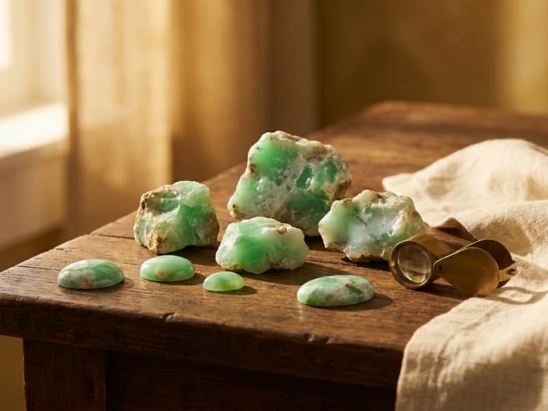Raw and polished chrysoprase mineral specimens in apple-green with cloudy white veining, beside a brass geologist's loupe on dark wood