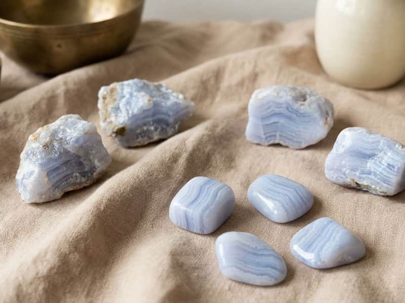 Raw and polished blue lace agate specimens showing pale powder-blue banded layers, arranged on warm linen beside ceramic vessels