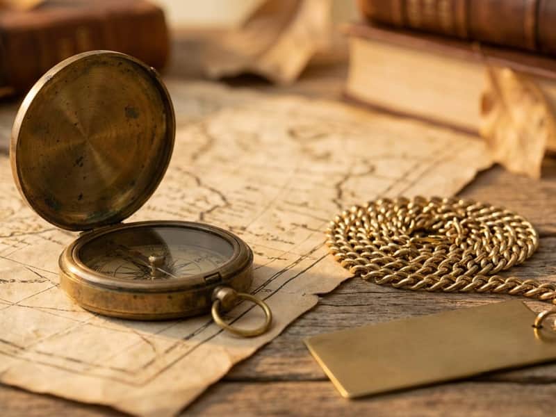 Antique brass pocket compass open on a folded map beside a coiled gold-tone chain and a blank engraving tag