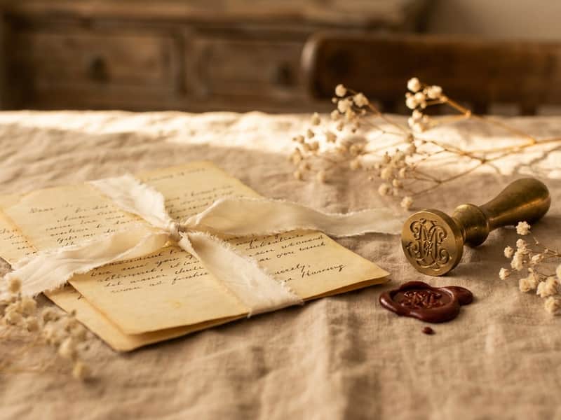 Two handwritten love letters tied with silk ribbon beside an antique brass wax-seal stamp and a red wax seal on warm linen