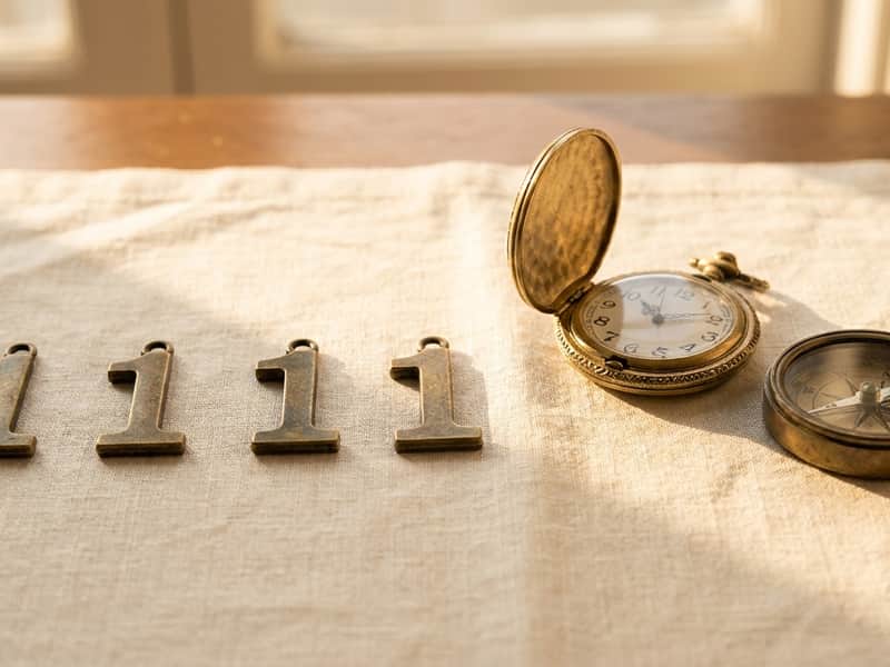 Four loose antique brass numeral-1 charms arranged in a row on warm linen beside an open brass pocket watch and compass