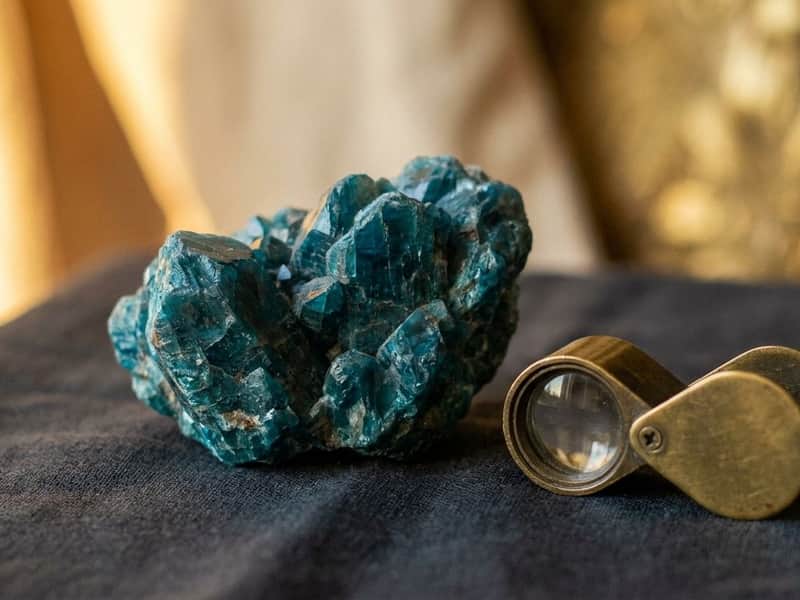 A raw teal-blue apatite crystal cluster beside a small brass jeweler's loupe on dark linen